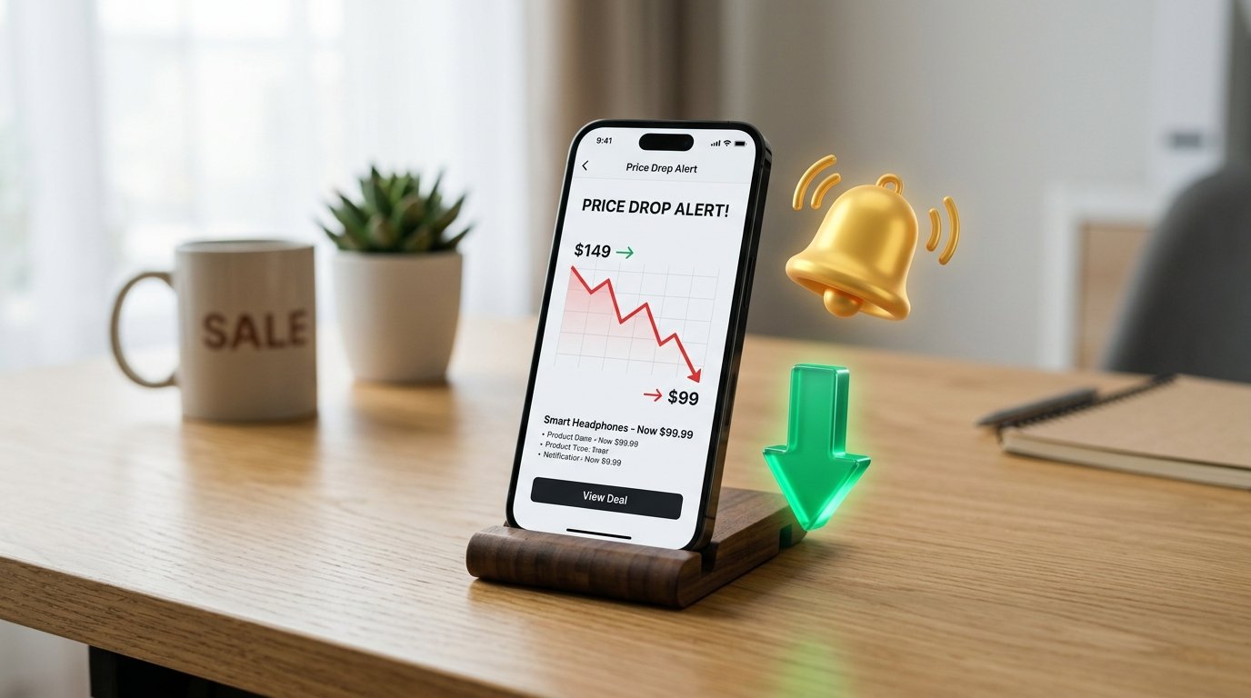 جرس تنبيه ذهبي ثلاثي الأبعاد وسهم انخفاض أخضر بجانب هاتف يعرض منحنى هبوط السعر