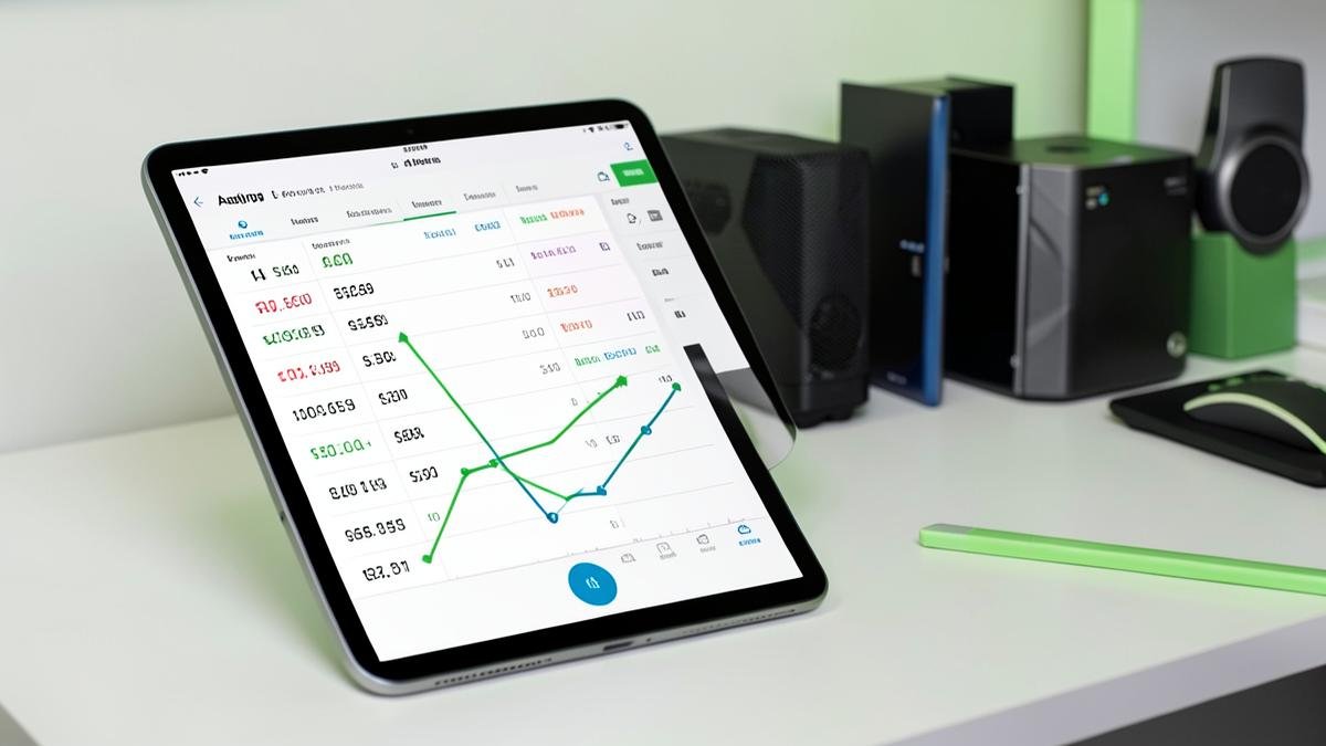جهاز لوحي على مكتب يعرض منحنى تغيّر الأسعار وإحصاءات التوفير