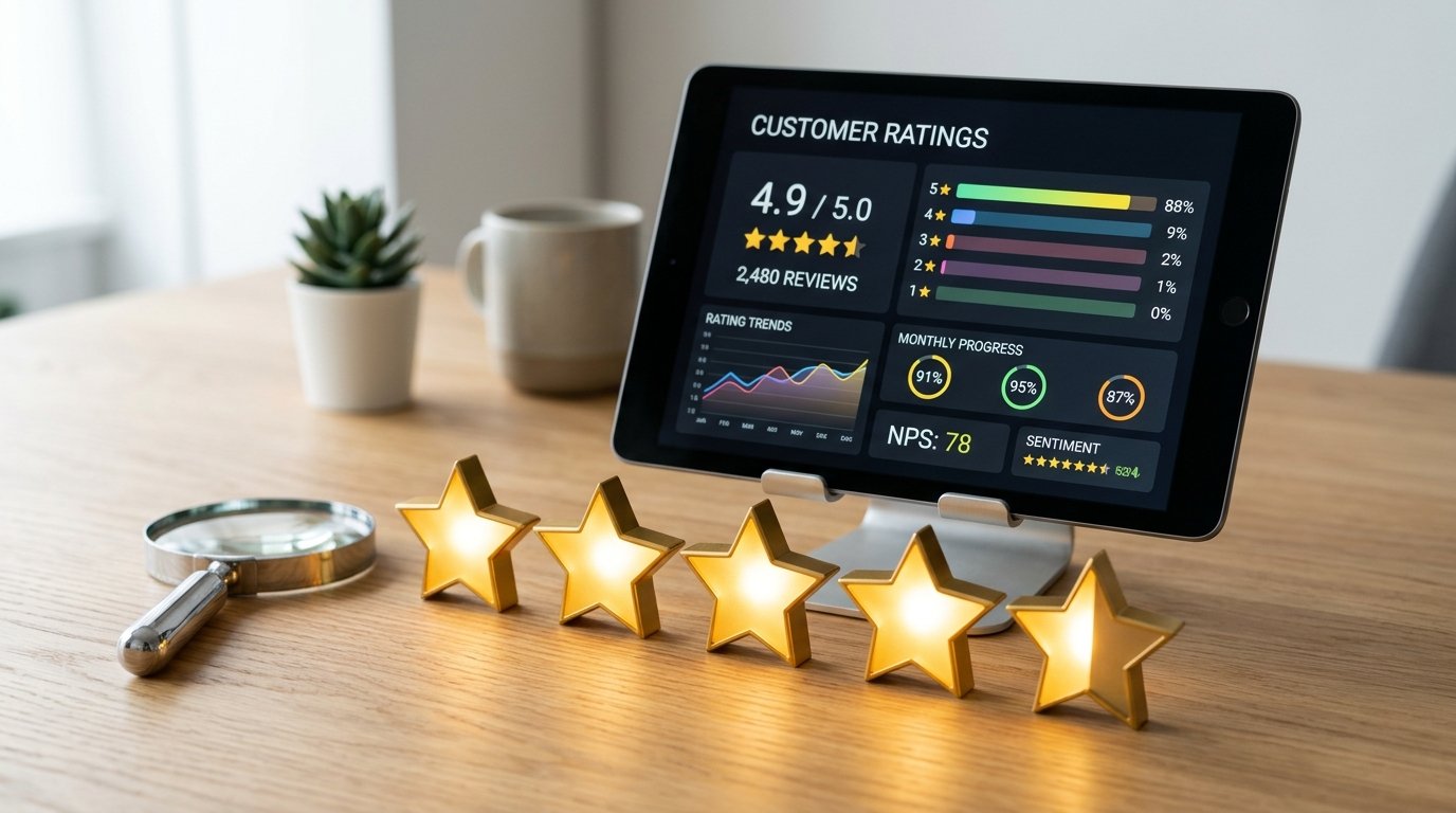 خمس نجوم ذهبية مضيئة أمام جهاز لوحي يعرض إحصاءات التقييم وعدسة مكبرة على مكتب خشبي