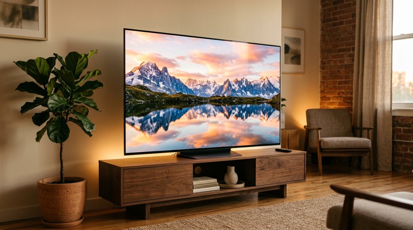 تلفزيون OLED نحيف بدقة 4K يعرض مشهداً طبيعياً في غرفة معيشة عصرية